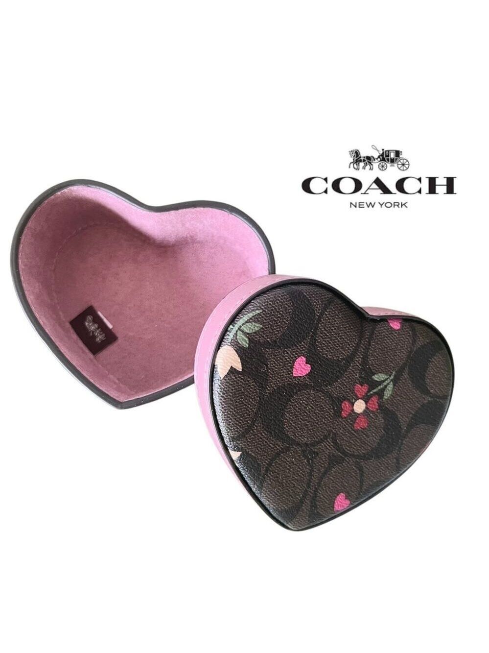 COACH HEART TRINKET BOX C7752 SIGNATURE CANVAS HEART PETAL PRINT TRUE PINK